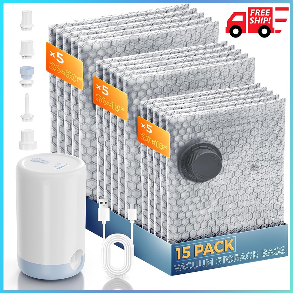 15 Pack Travel Vacuum Bags With Rechargeable Air Pump Carry-On Compression Bags