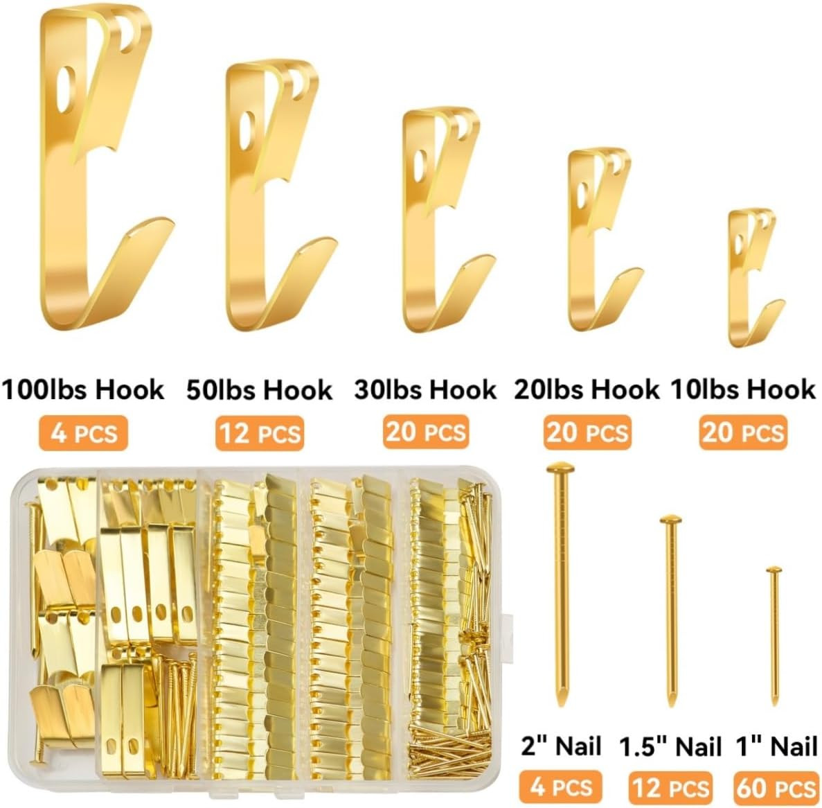 152Pcs Picture Hanging Kit, Picture Hangers 10lb, 20lb, 30lb, 50lb, 100lb Hooks