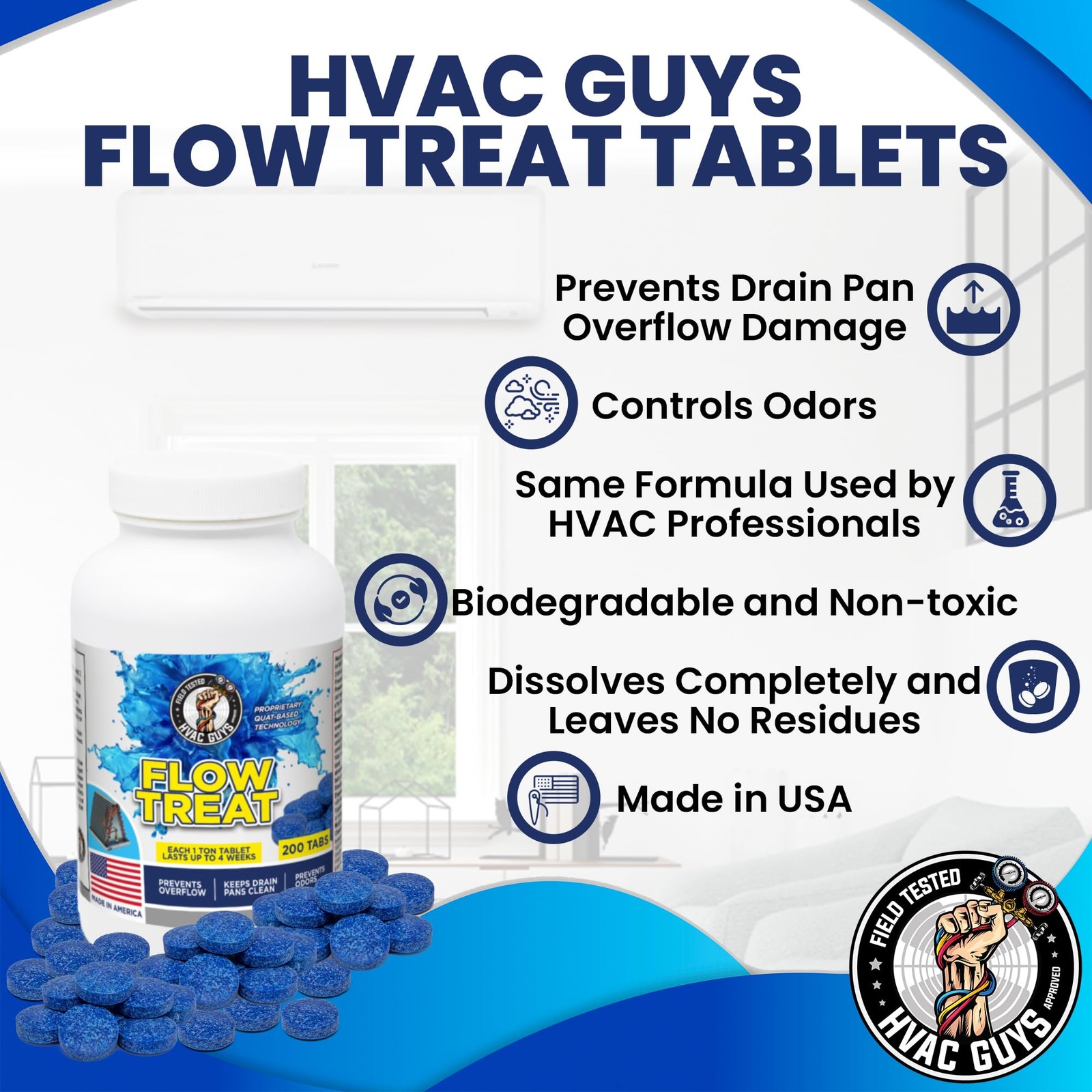 200 Tablets Flow Treat AC Drain Line Cleaner Prevents Odors Pan Clean Overflow