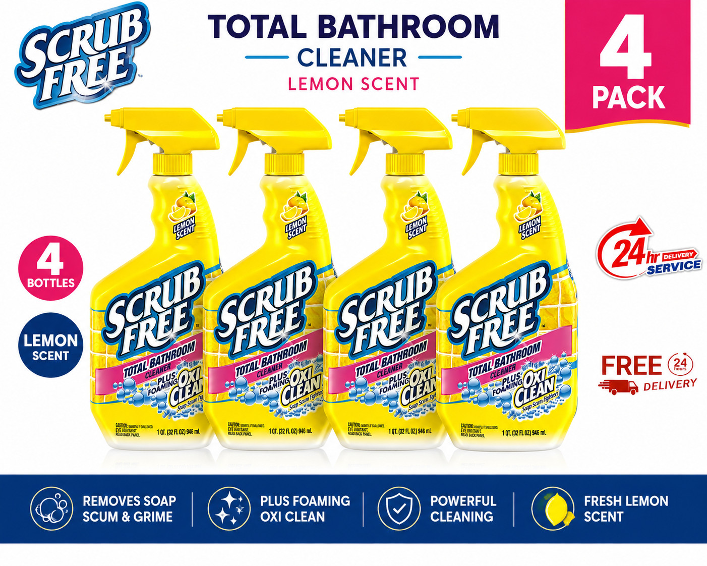 Scrub Free Total Bathroom Cleaner with OxiClean, Lemon Scent, 32 fl oz PACK OF 4