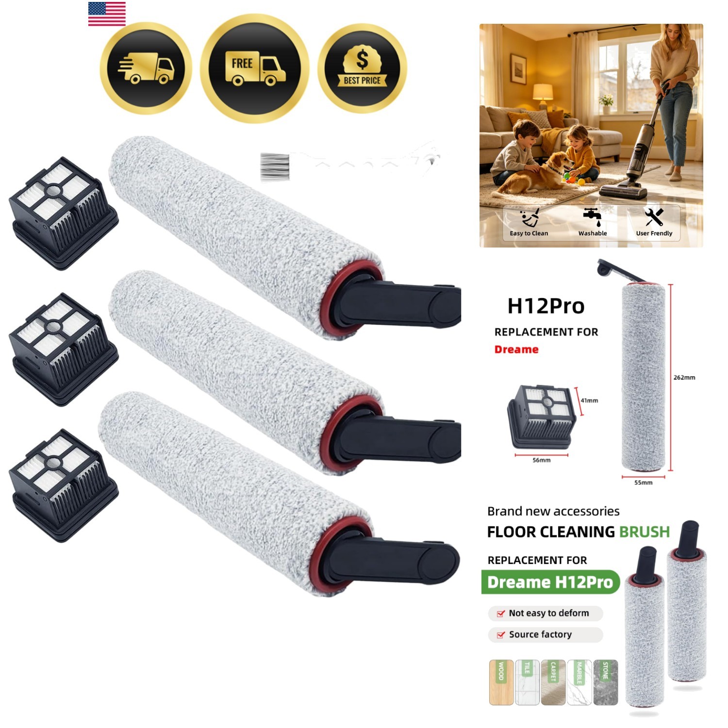 Replacement Brush Roller & Filter for Dreame H12 Pro, Dual, G10 Pro | Wet Dry…