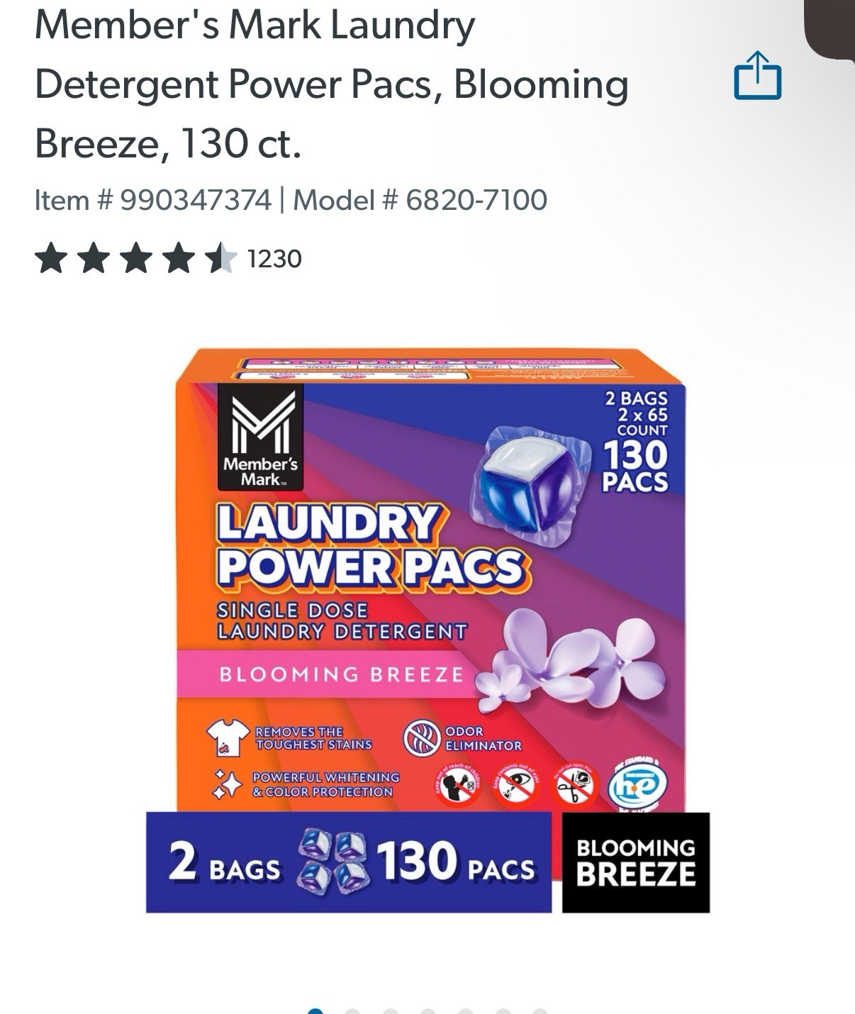 Member’s Mark Laundry Detergent Power Pacs, Blooming Breeze Scent (130 ct.)