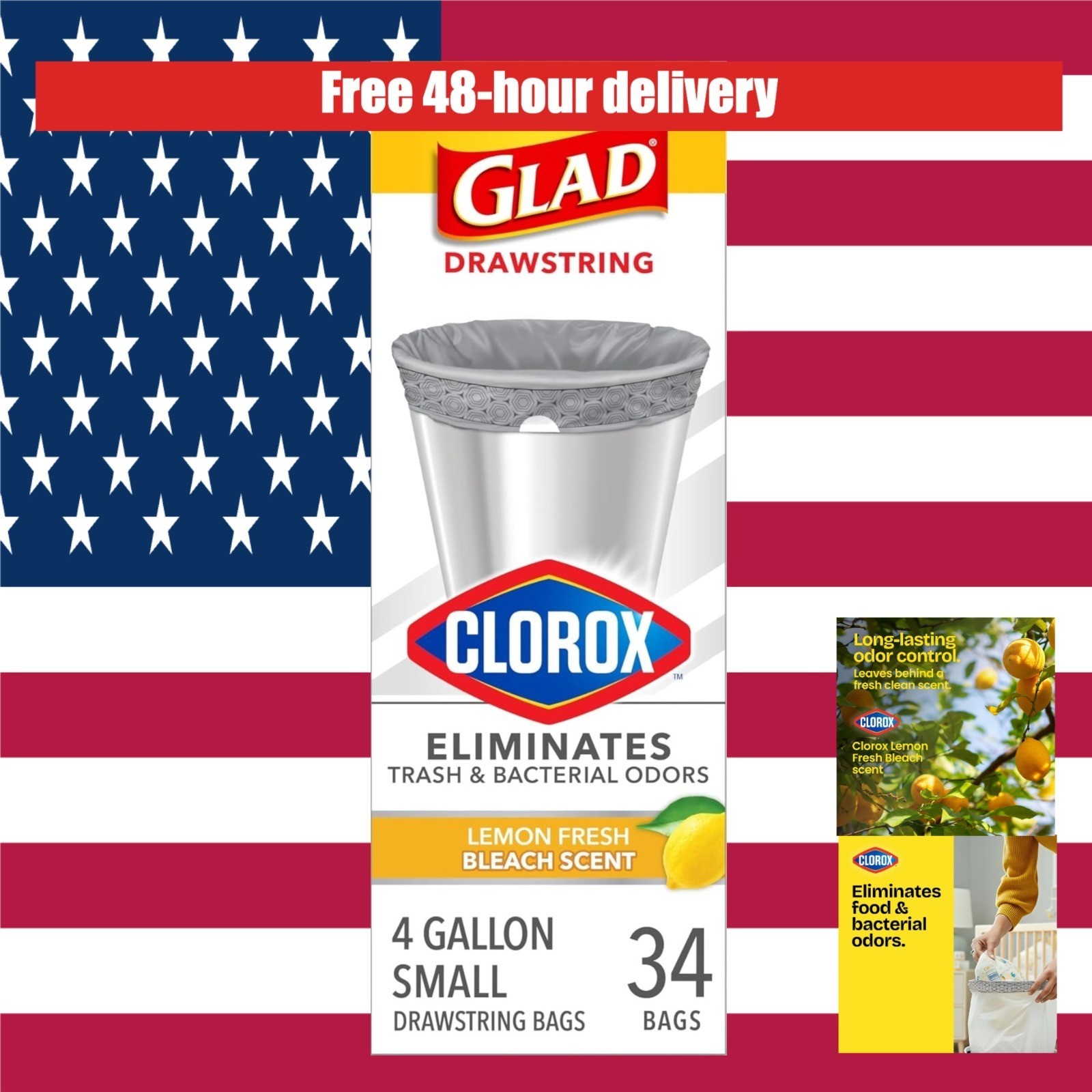 Glad 4 Gallon Drawstring Trash Bags Lemon Fresh Bleach Scent 34 Count