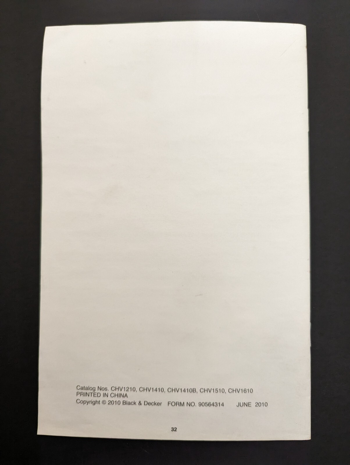 BLACK & DECKER Hand Vacuum CHV1210 CHV1410 CHV1510 CHV1610 Owners Manual Only