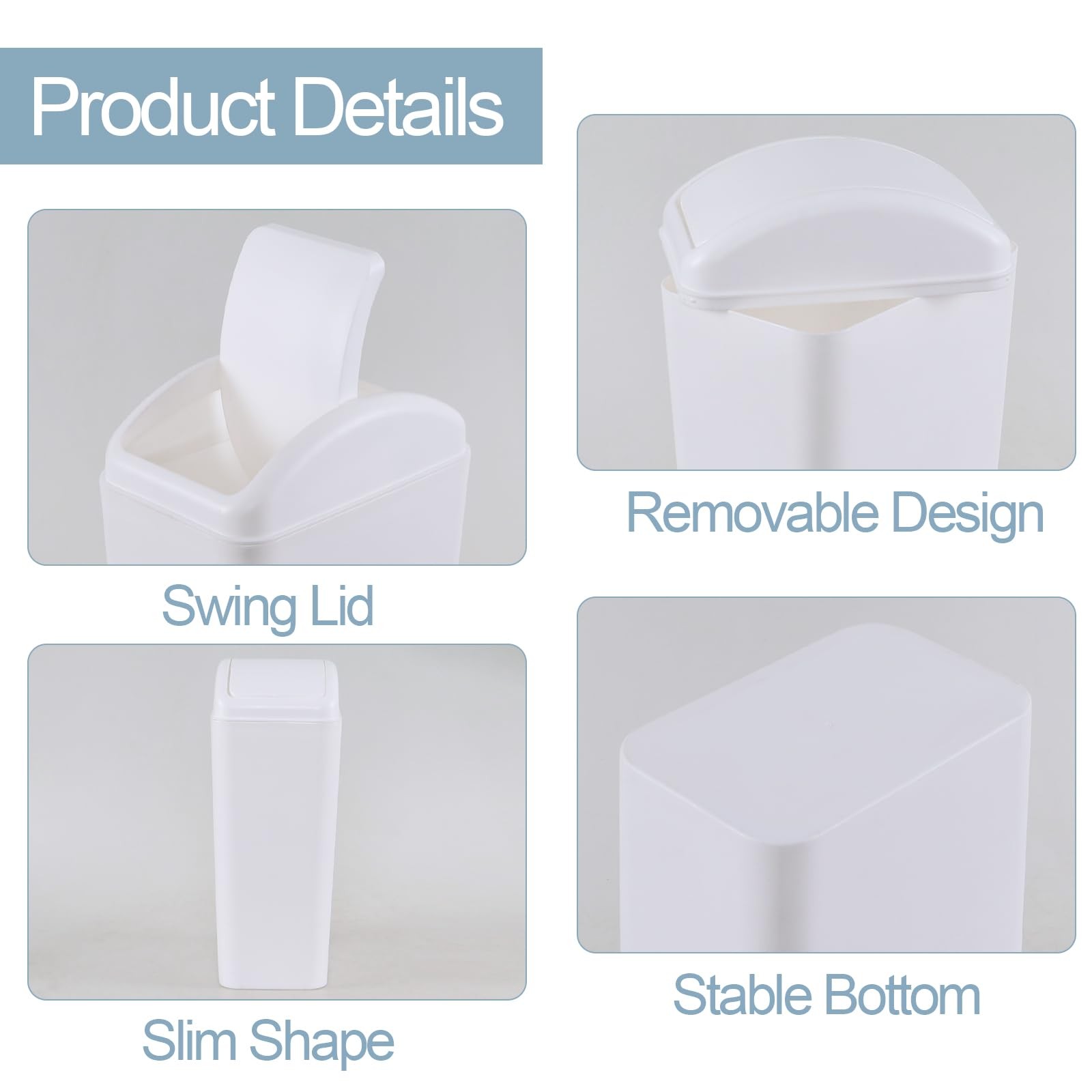 12 L 3.5 Gallon Plastic Swing Lid Trash Can Rectangular Slim Garbage White