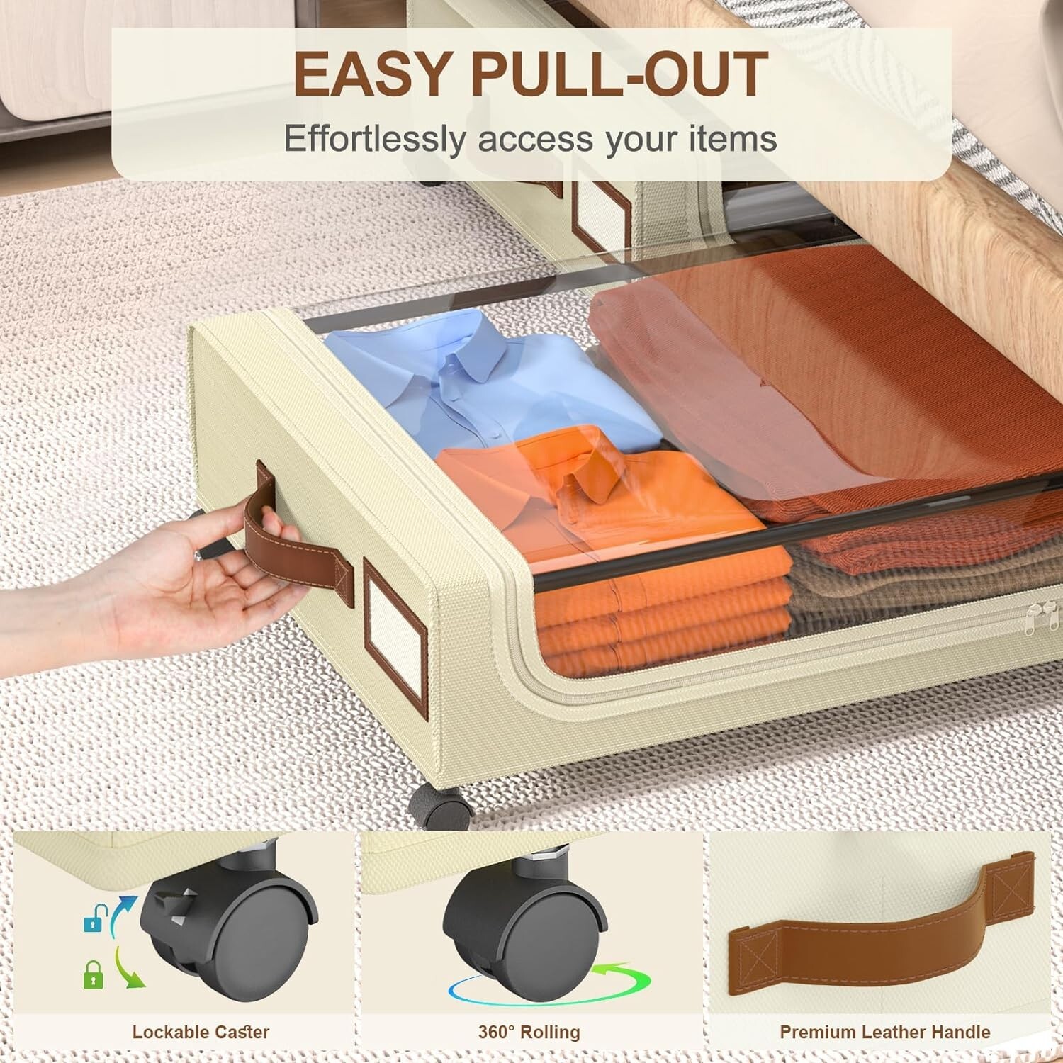 GoMaihe XXL Under Bed Storage | 2-Pack Rolling Bins with Clear Lids for Clothes
