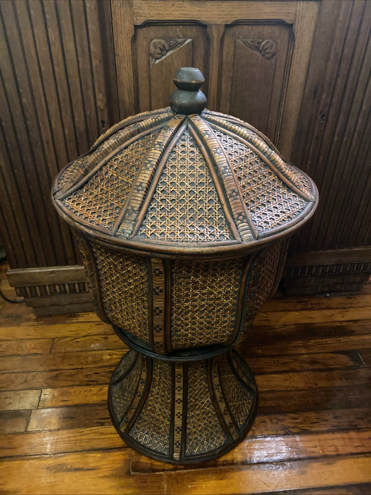 Chinese Tinalik Basket Storage Container Intricate Woven Rattan 31″ T 17″ D