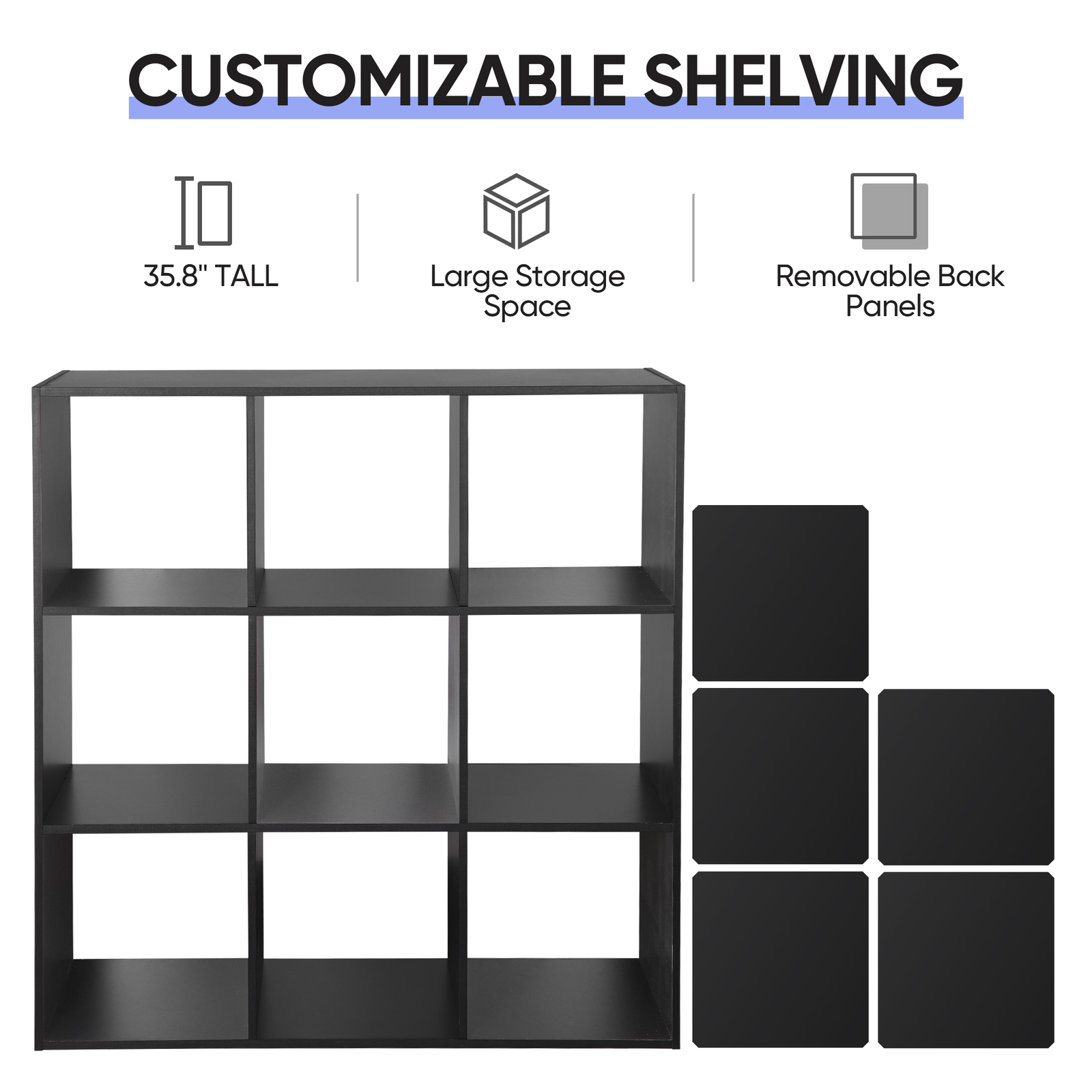 9 Cube Storage Organizer Wooden Display Cube Shelf 5 Removable Back Panels Black