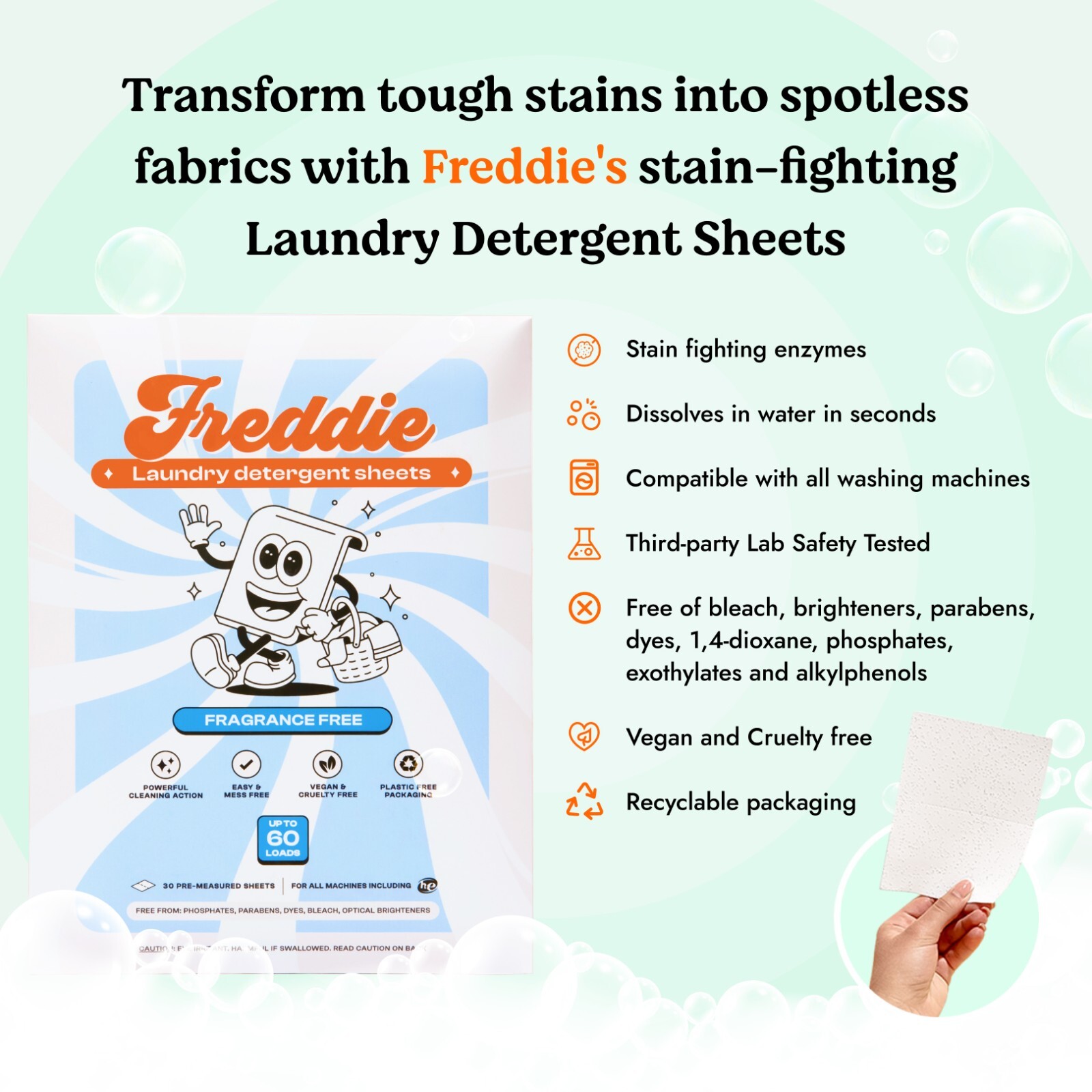Freddie Laundry Detergent Sheets – Fragrance Free – 60 Loads (30 Sheets)