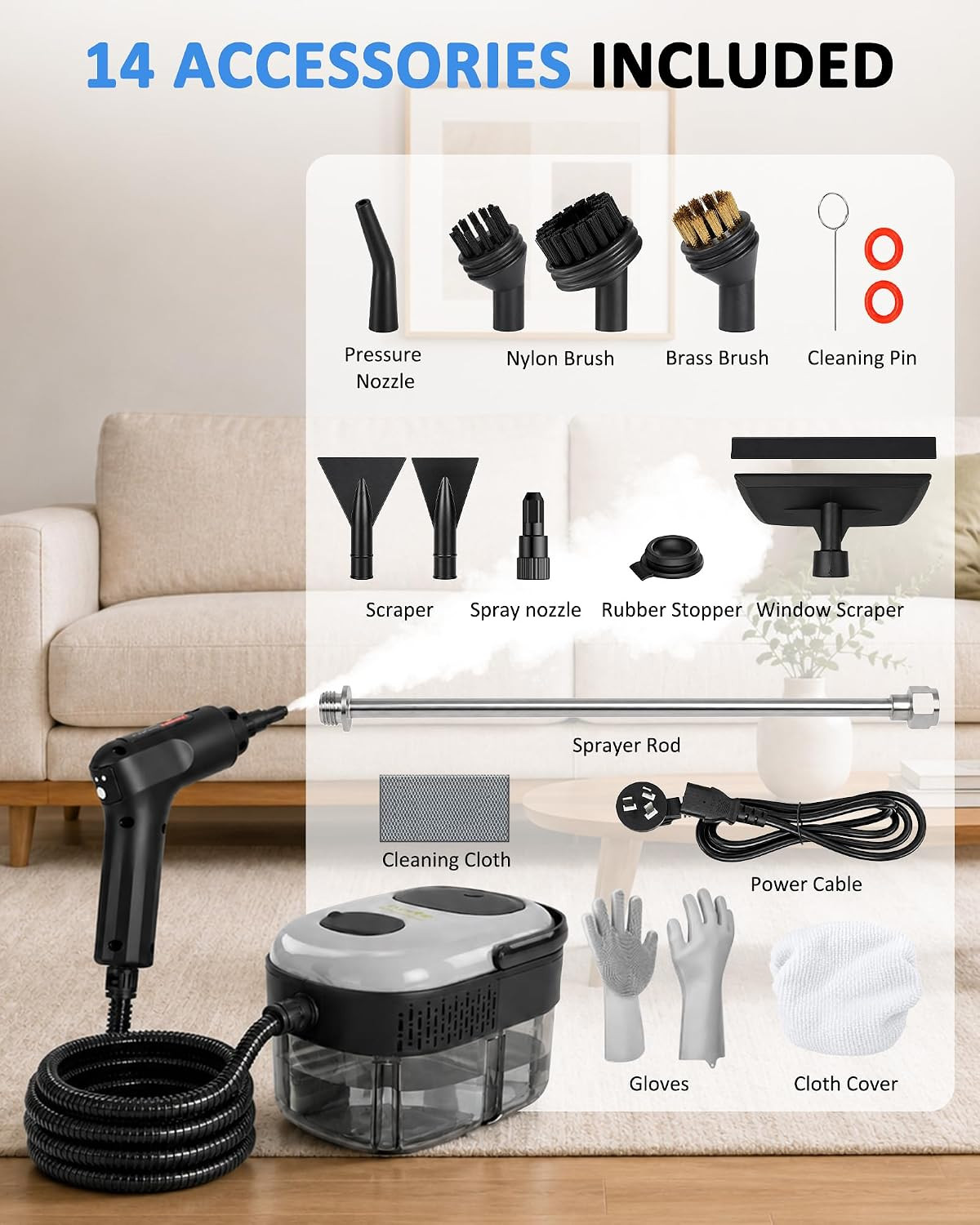 Steam Cleaner, Portable Handheld High-Pressure, 15S Fast Heating | 3 Steam Level
