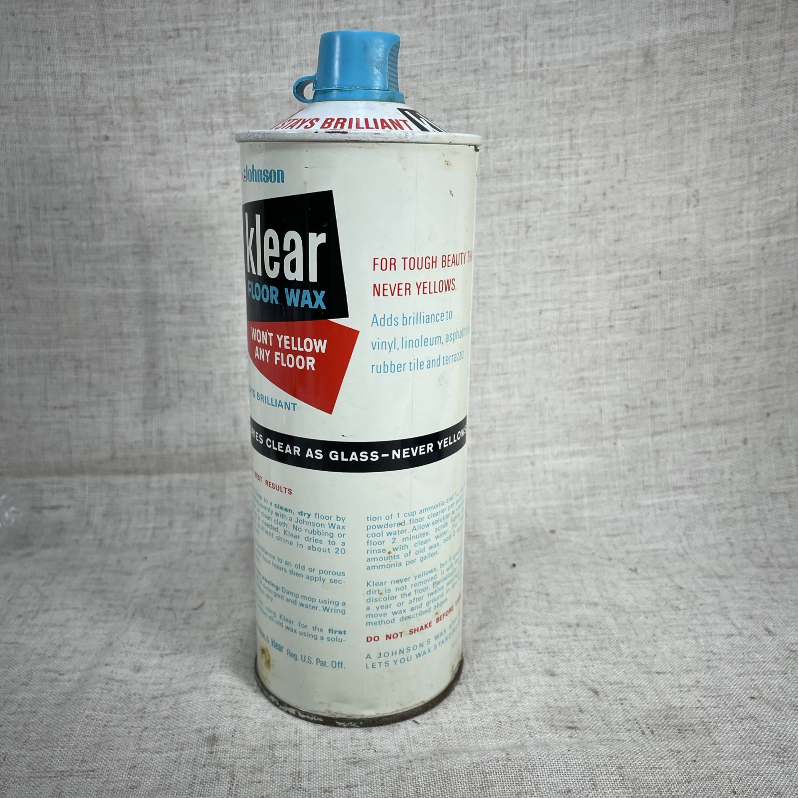 VTG Klear Floor Finish SC Johnson Wax 1960s 1970s 27 Fl Oz Can 50% Full