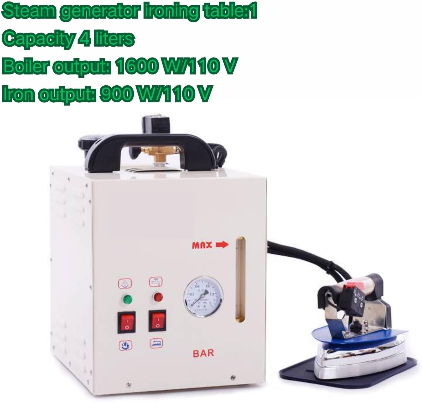 Electric Steam Iron 4L Boiler Commercial Dry Cleaner 1600W Booster w Drain Valve