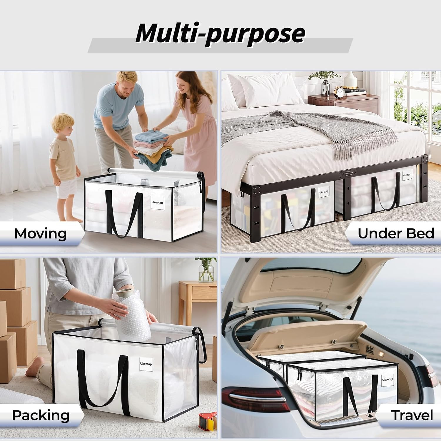 8 Pack Extra Large Clothes Storage Bins with Lids, Moving Bags, Clear | Storage