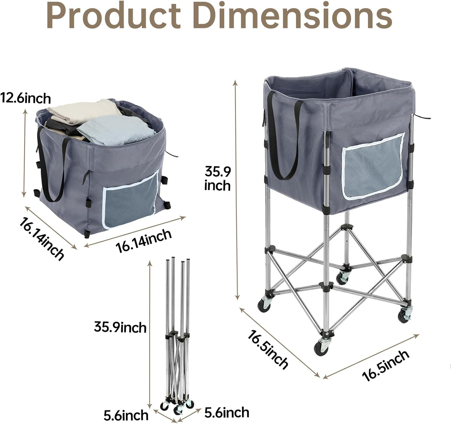 35.9 Inch Laundry Cart with Wheels No Bend Design Stainless Steel Frame Grey