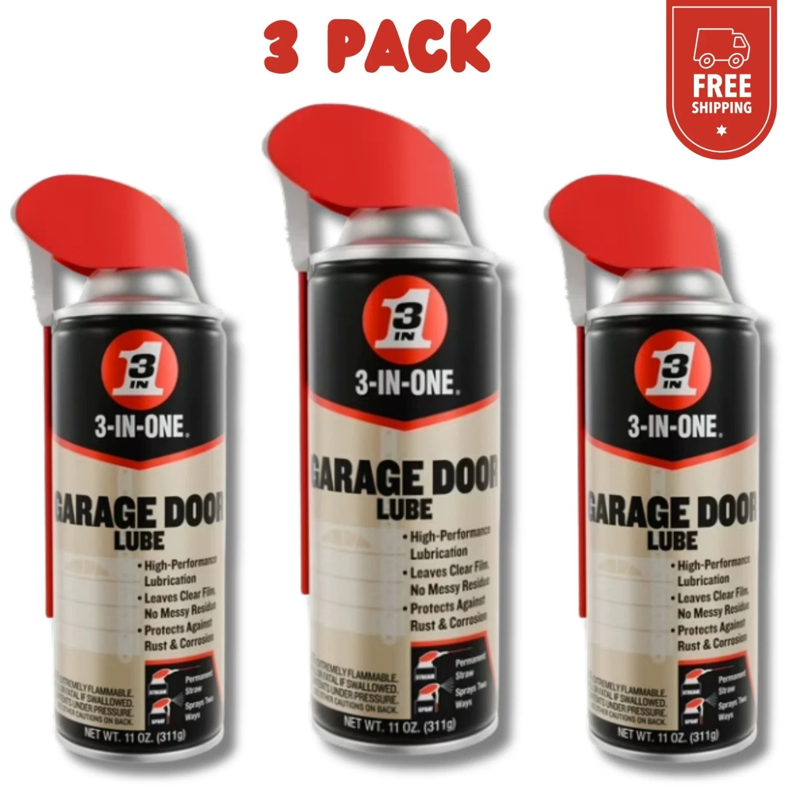 (3 pack) 3-IN-ONE Professional Garage Door Lubricant Smart Straw Sprays, 11 oz