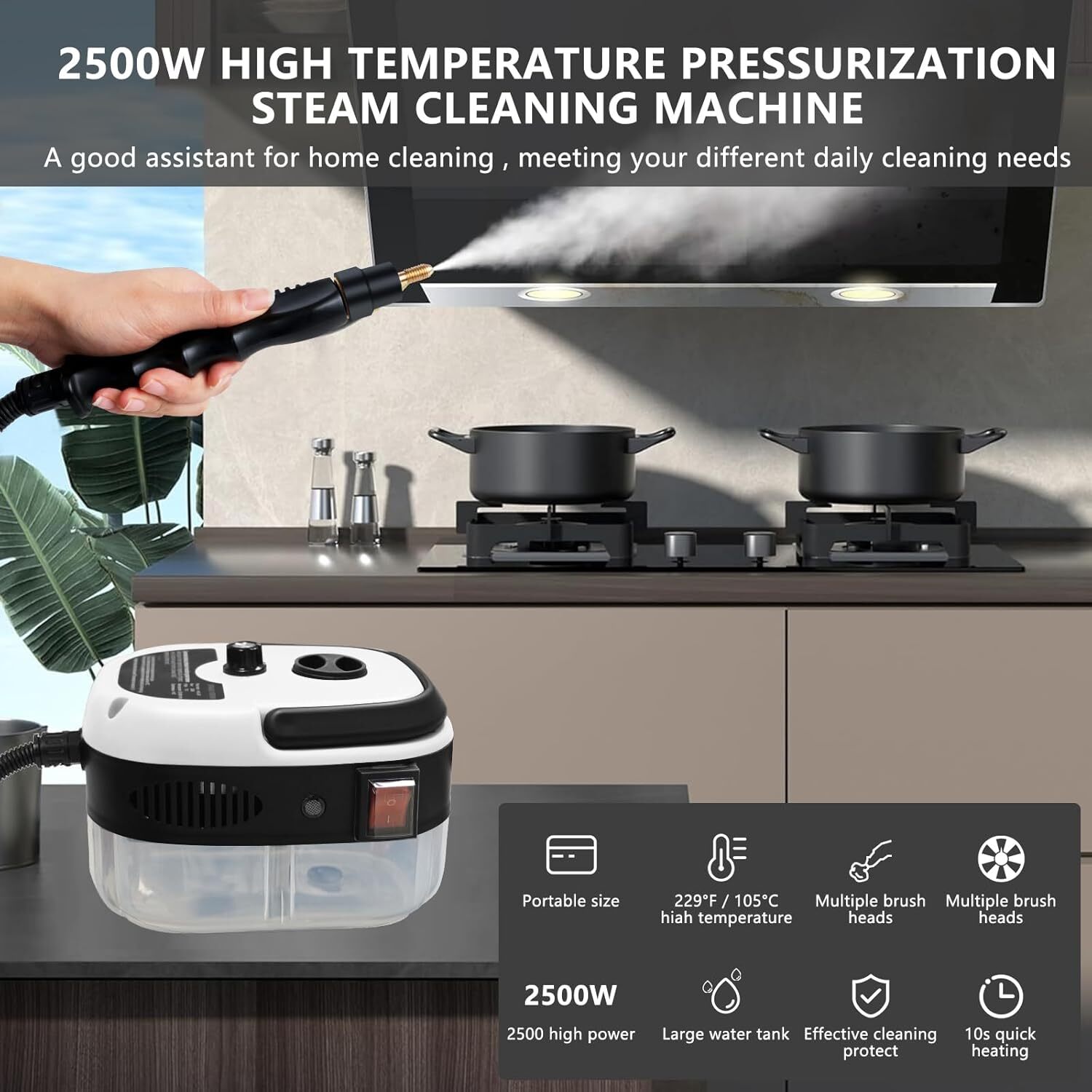 Handheld Pressurized Steam Cleaner 2500W High Temp Portable Cleaning Machine