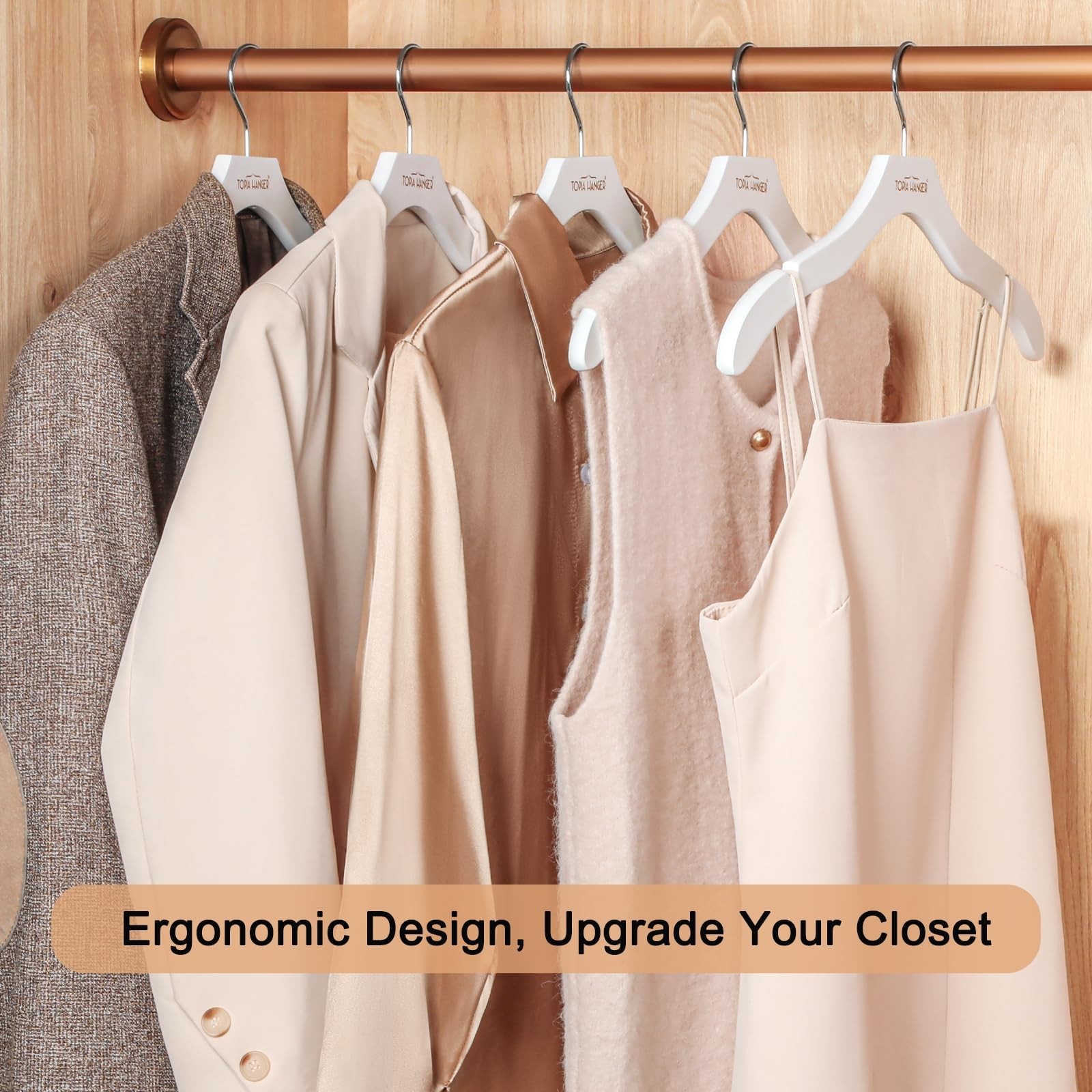 Premium Wooden Hangers for Women – 24 Pack, No Shoulder Bump, 360° Swivel Hook,