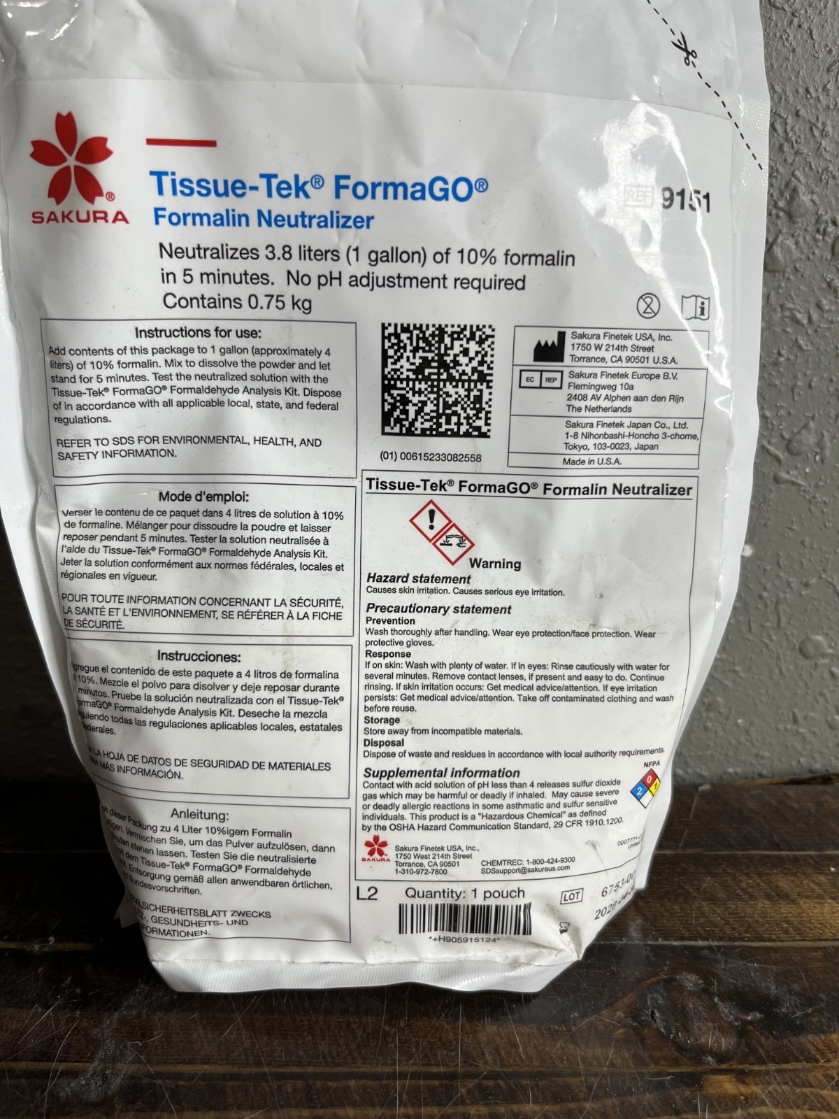 Sakura Tissue-Tek FormaGO Formalin Neutralizer 0.75kg Sealed Pouch Exp 2028