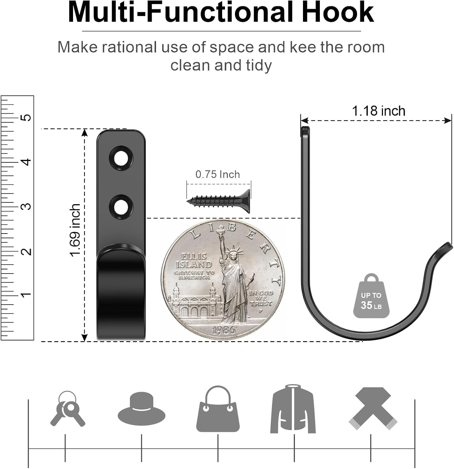 15-Pack Black Metal Wall Hooks Heavy Duty Coat Hooks Wall Mounted Hanging Screw