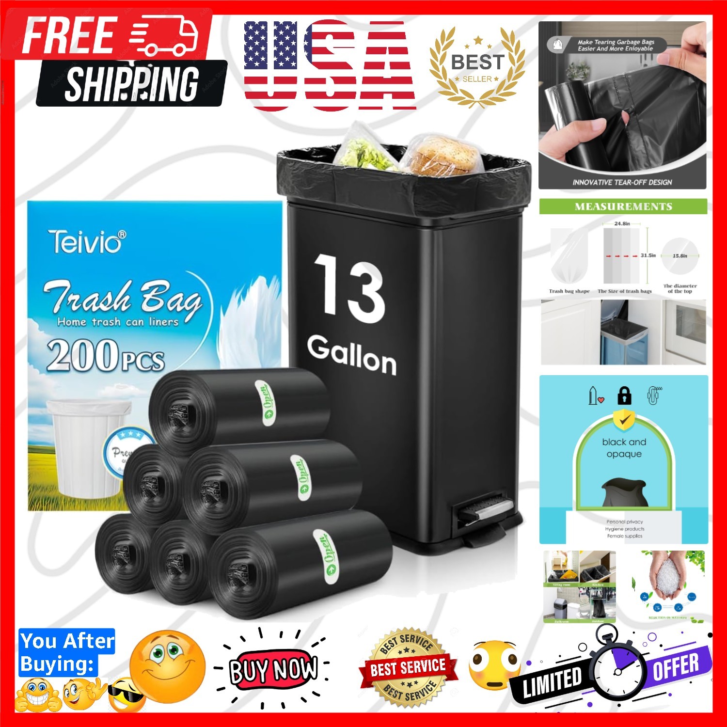 13 Gallon 200 Count Tall Kitchen Trash Bags 10 Gal 12 Gal 13 Gal fit 50 liter…