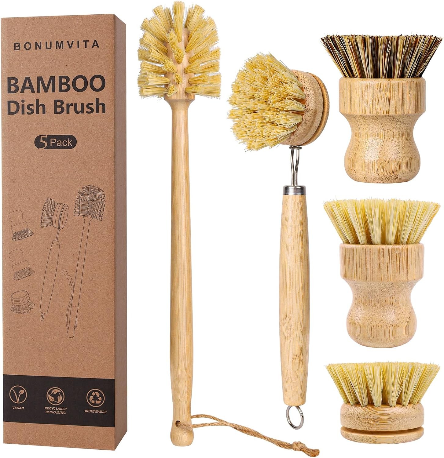 BOMUMVITA 5 Pack Bamboo Dish Brush Set with 14’’ Bottle Brush | Wooden Dish