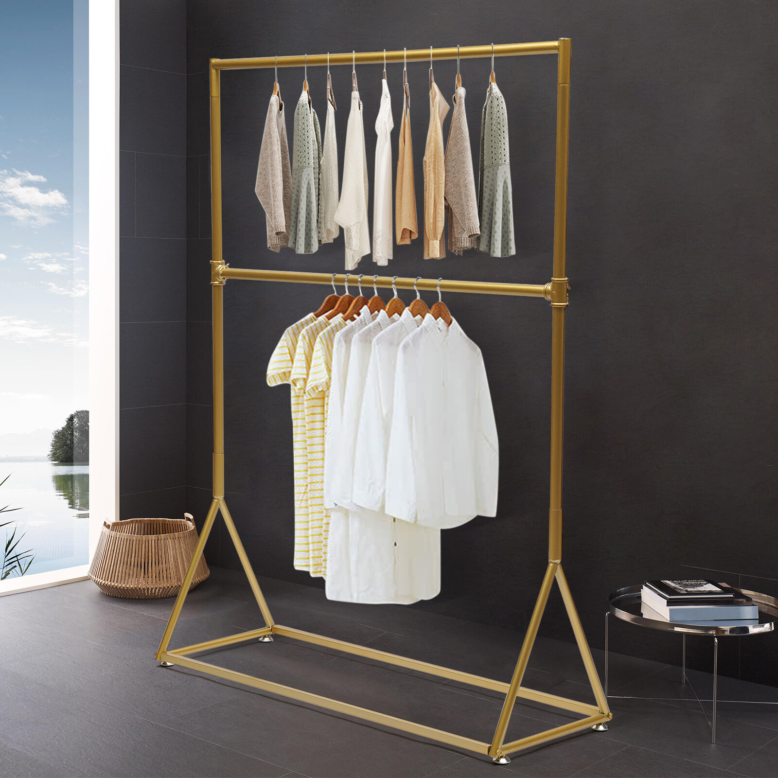 2 Tiers Freestanding Metal Clothes Rack Iron Retro Golden Portable Garment Shelf