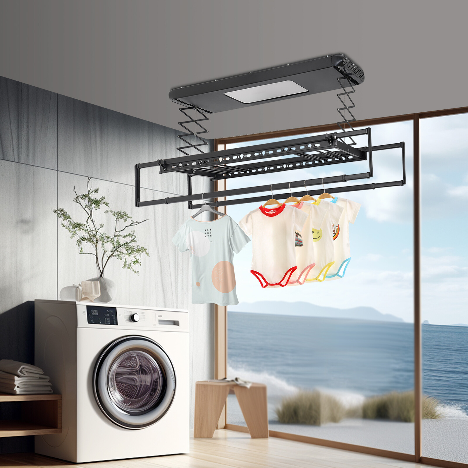 Electric Retractable Airing Rack Clothes Drying Rack W/ Remote Control & Light