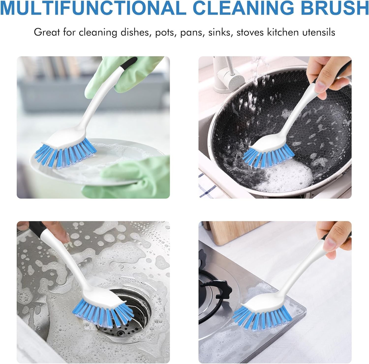 Dish Brush with Handle, 2 Pack Stiff Bristles Dish Scrubber with Built-in Scr…
