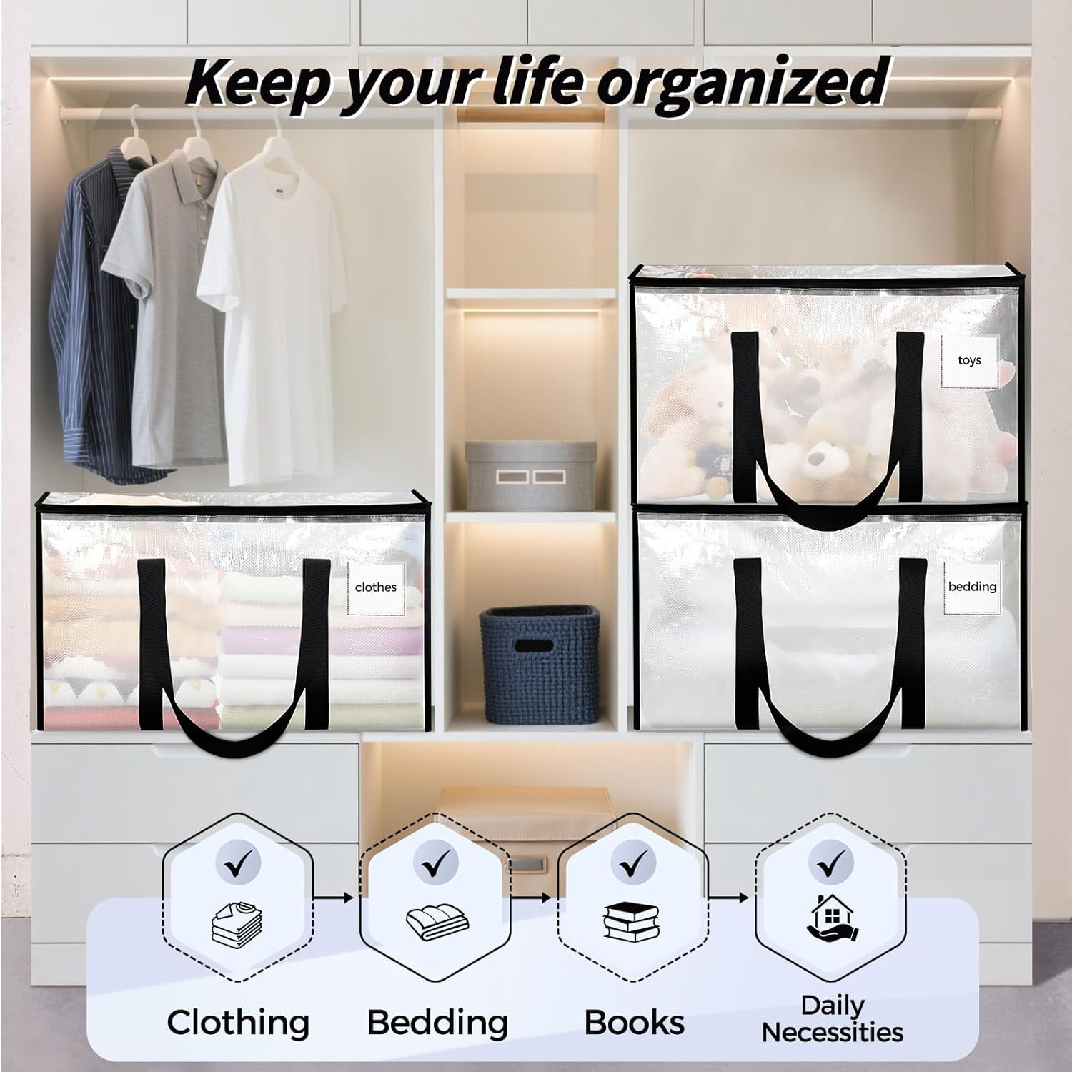 8 Pack Extra Large Clothes Storage Bins with Lids, Moving Bags, Clear | Storage