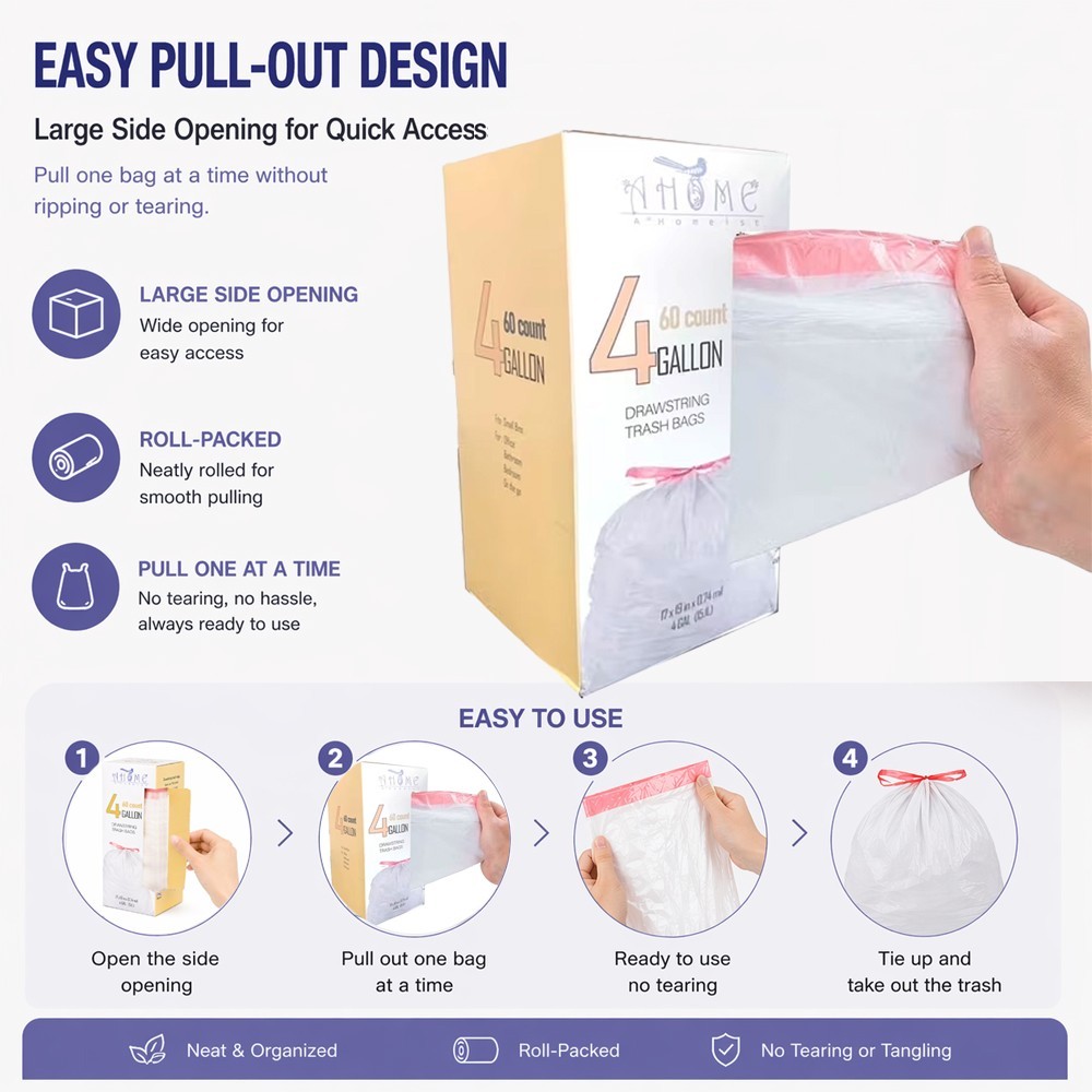 Trash Bags 4 Gallon Small Drawstring Garbage Bags Strong Unscented 60 Count