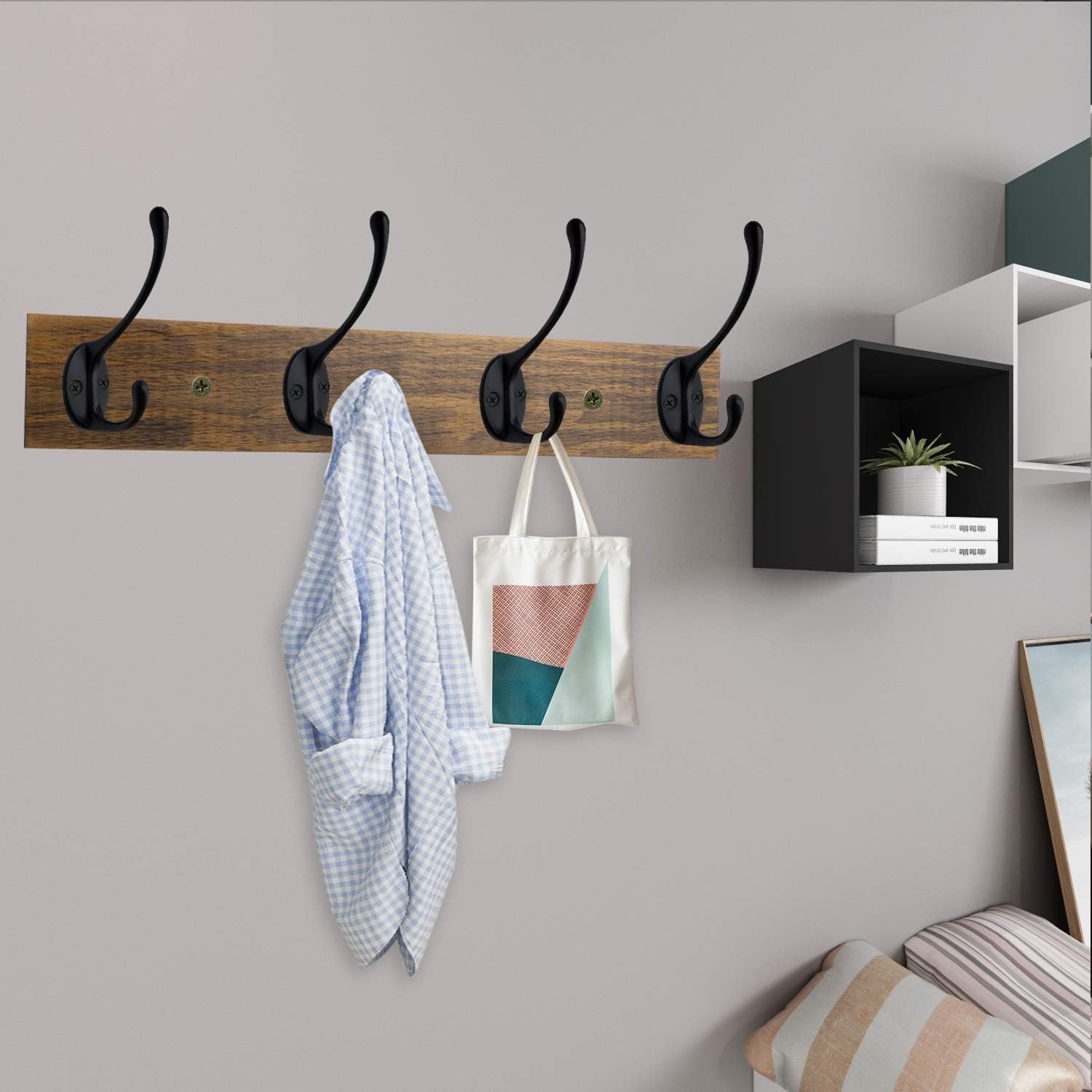 Wall Mounted Coat Rack, Entryway Hanging , Metal Wood Rack with 4 Black Literary