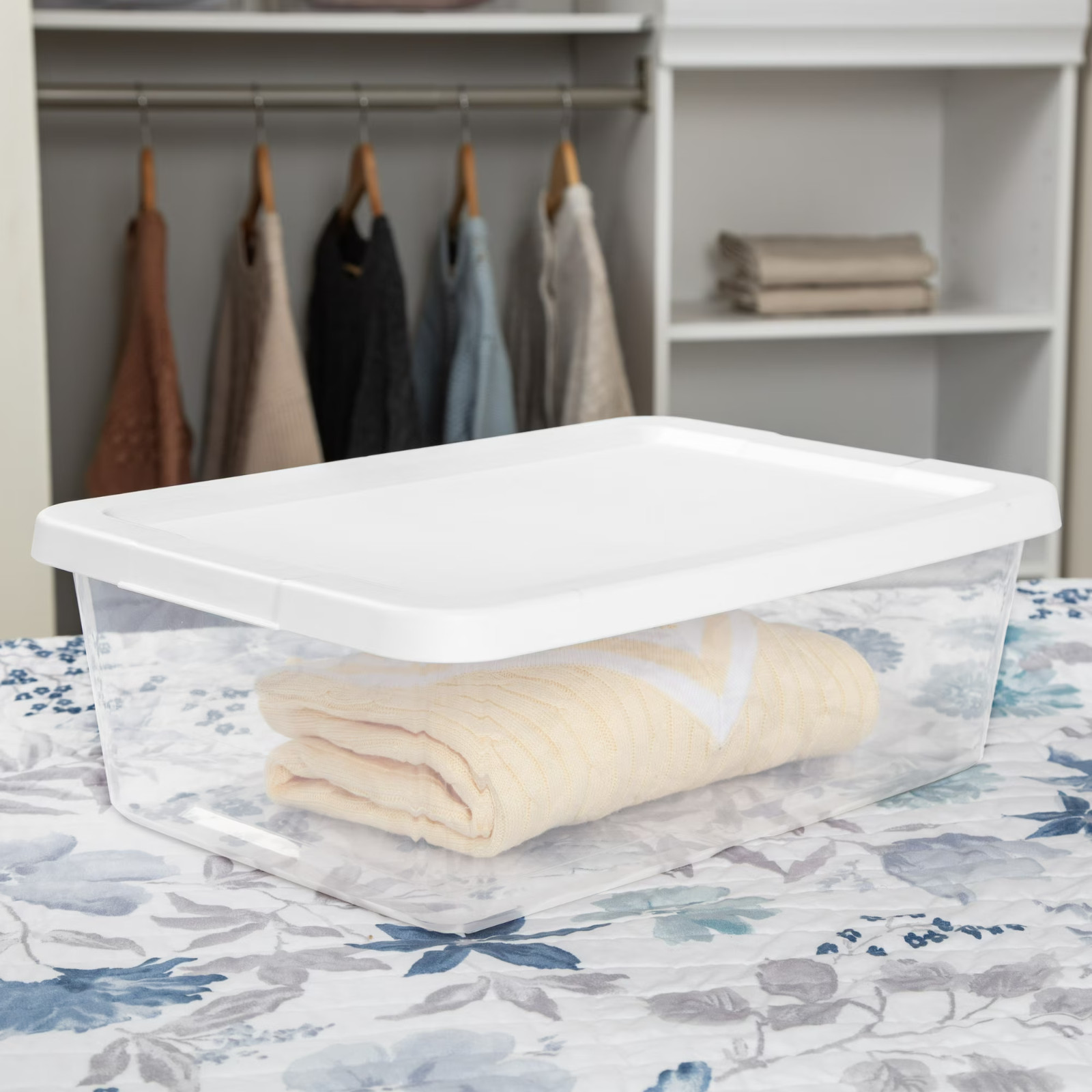 (4) 12 Quart Storage Boxes, Clear Plastic Storage Bin with Snap-On Lid, White