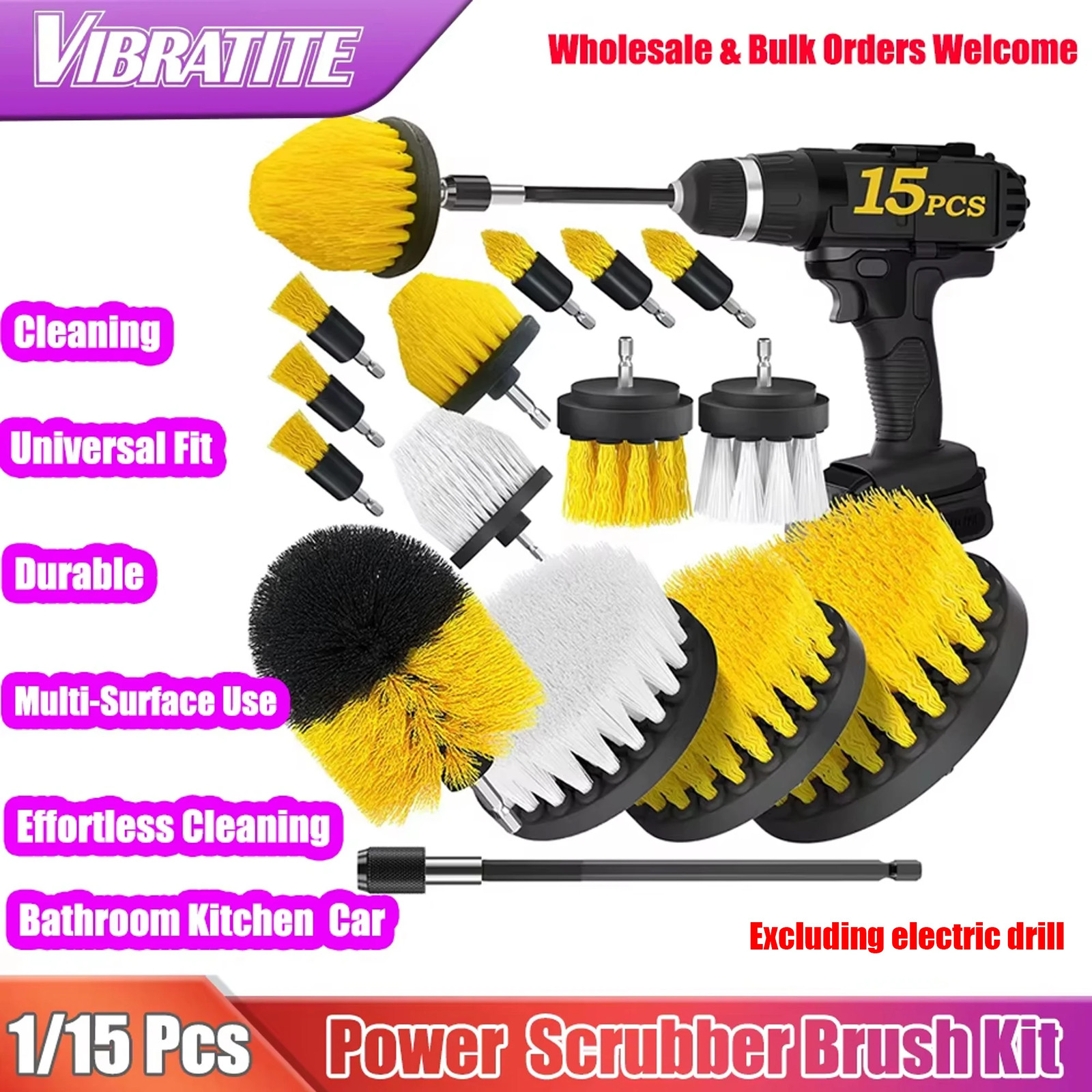1/15 Pcsdrill Brush Attachments Set Power Scrubber Brush with Extend Long Attach