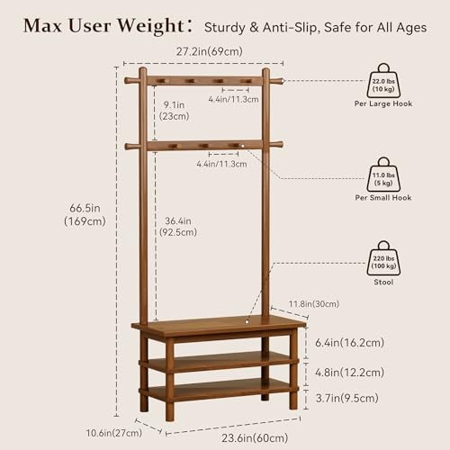** NEW Entryway Bench Rack | 3-in-1 Organizer | 11 Hooks | Solid Wood | Brown