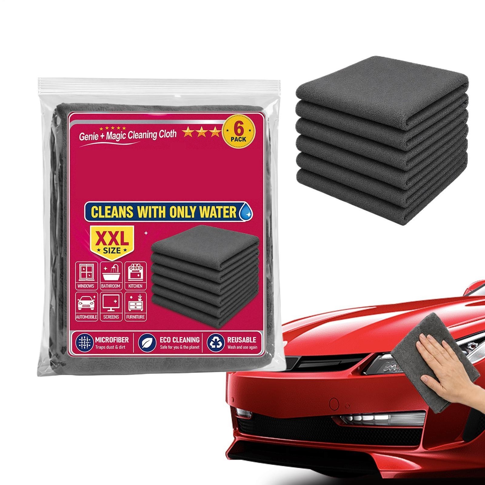 Genie Magic Cleaning Cloth, 6 Pack Microfiber Cleaning Cloths, Streak-Free & Lin