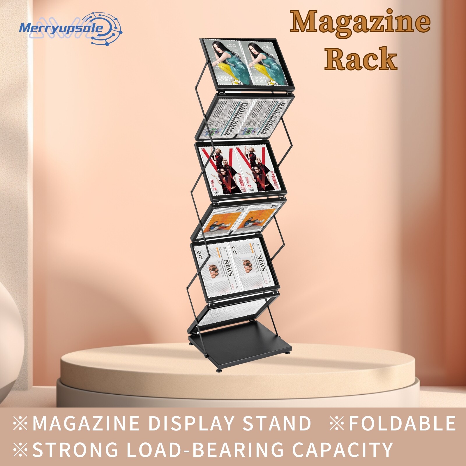 Magazine Rack Double A4 Width with 6 Pockets Magazine Display Stand Foldable