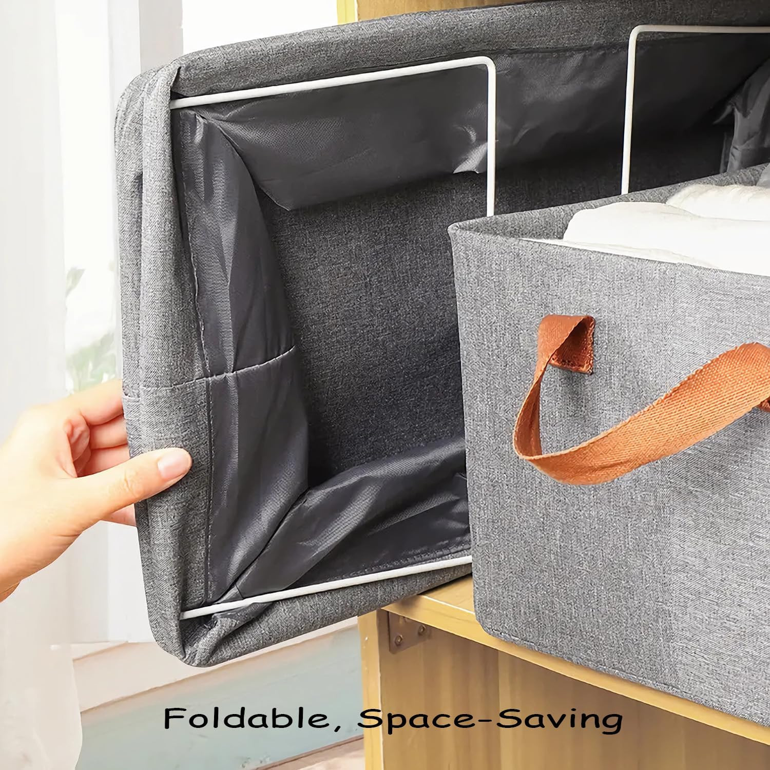 Linen Closet Organizer Storage Bin with Steel Frame, Stackable Fabric Jeans Bask