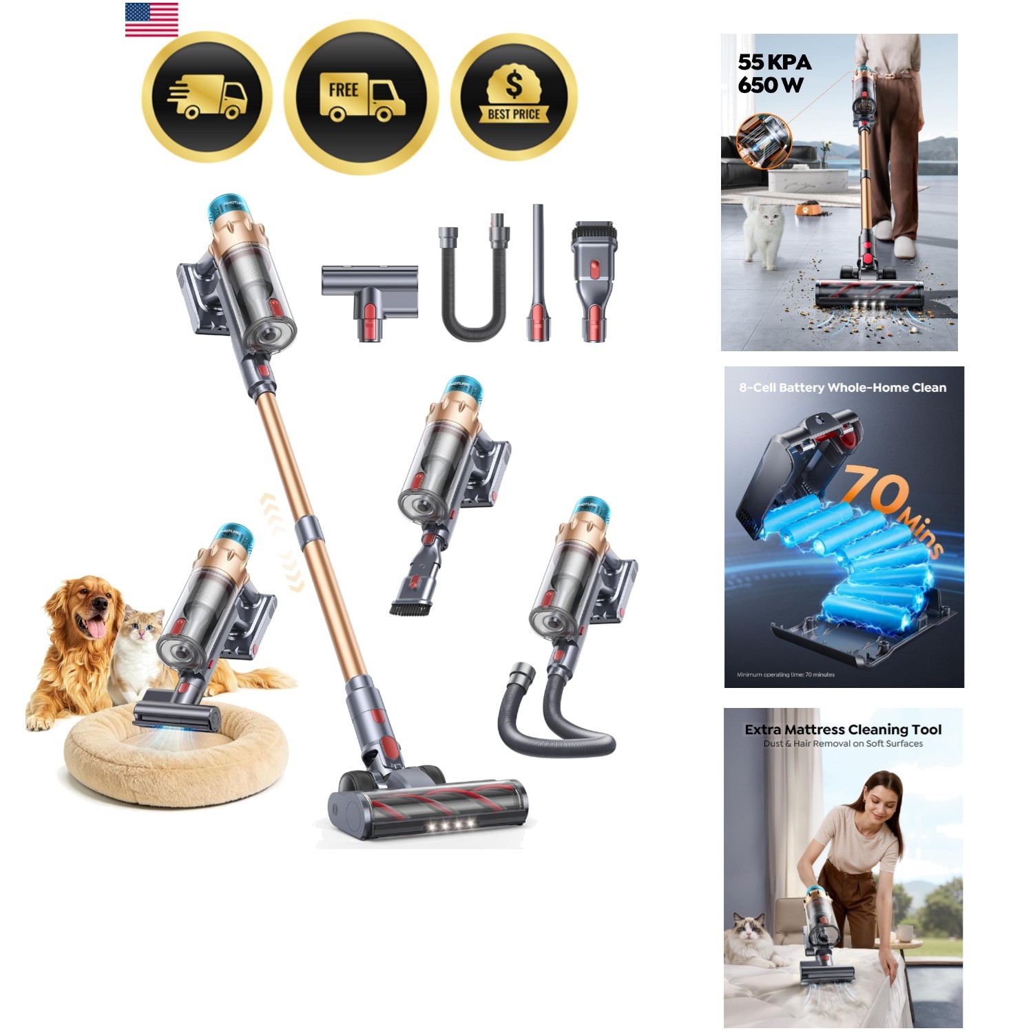 Cordless Vacuum Cleaner, 55KPA 650W 70Mins Stick Vacuum Cleaners for Home wit…