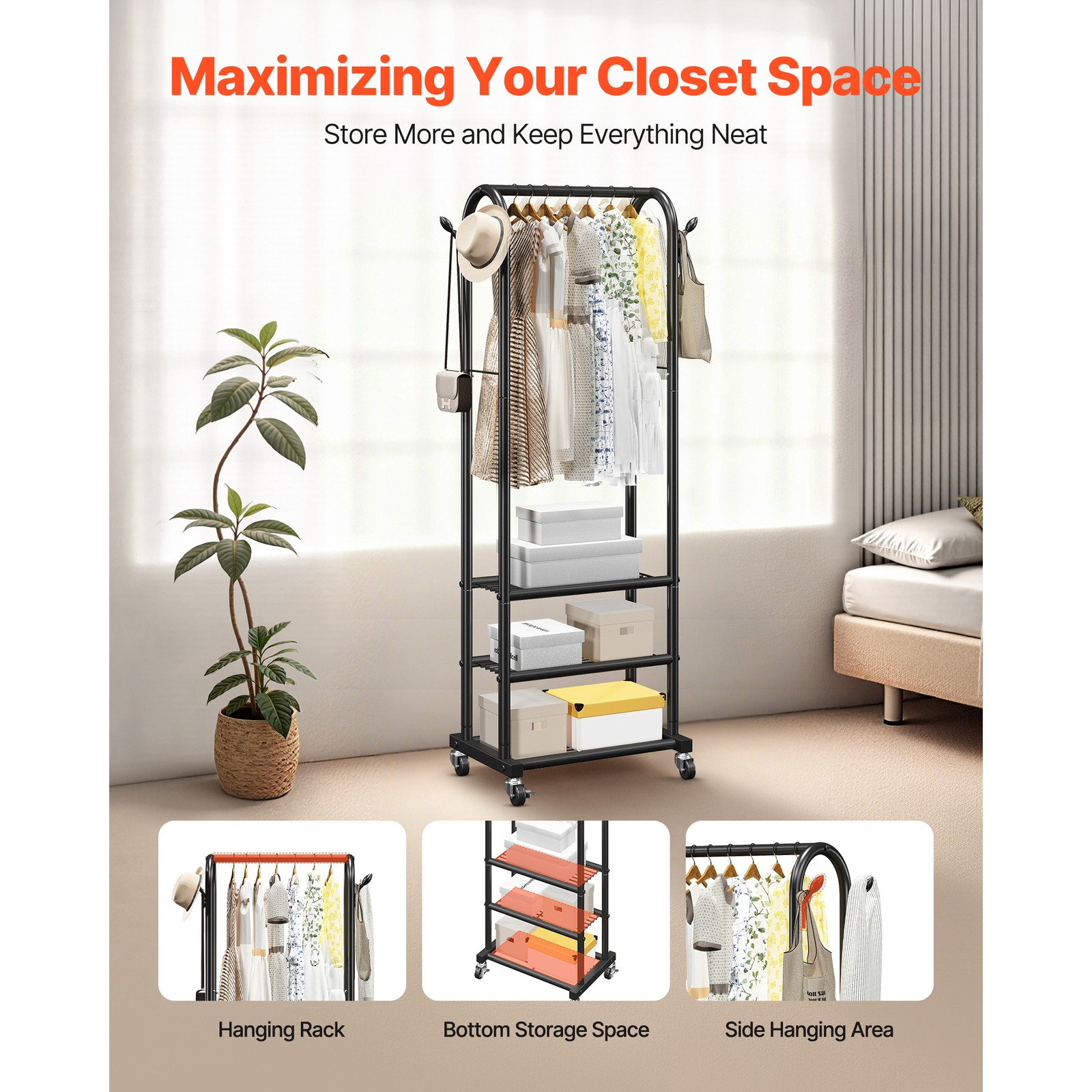 Uimoso Rolling Garment Rack Clothes Rack 3 Shelves & Hooks with Wheels , 99 lbs