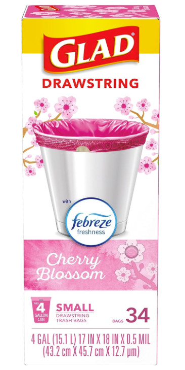 Glad OdorShield Small Drawstring Trash Bags, 4 Gallon, 34 Count – Febreze Cherry