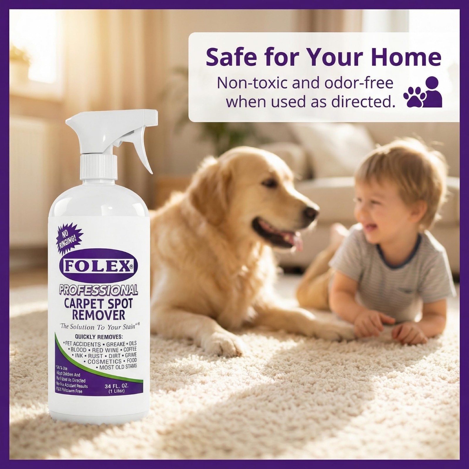 Professional Carpet Cleaner Spray 34 oz – Pet Stain Remover – Instant No Rinse –