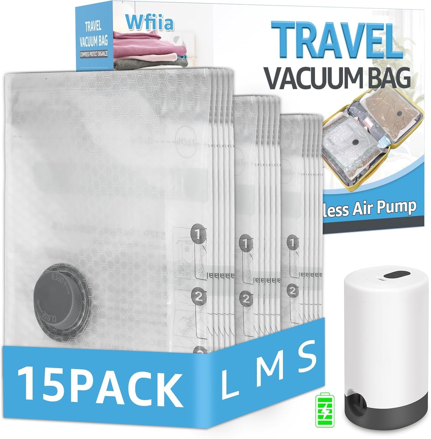 15 Pack Vacuum Bags with Pump 3 Sizes for Travel Clothing Compression Luggage