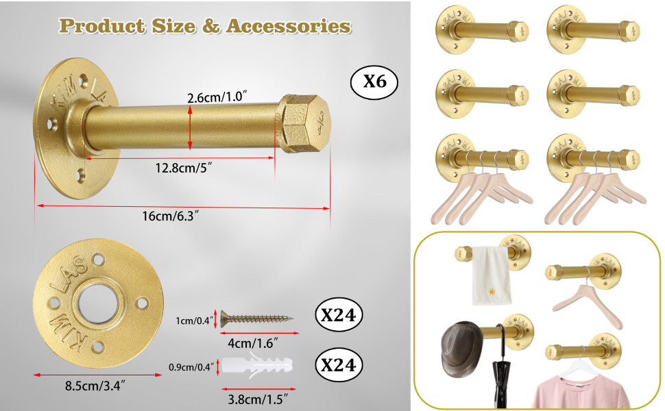 6 Pack Clothes Rack with Screws, 6 Inch Metal Industrial Pipe Clothes Bars for