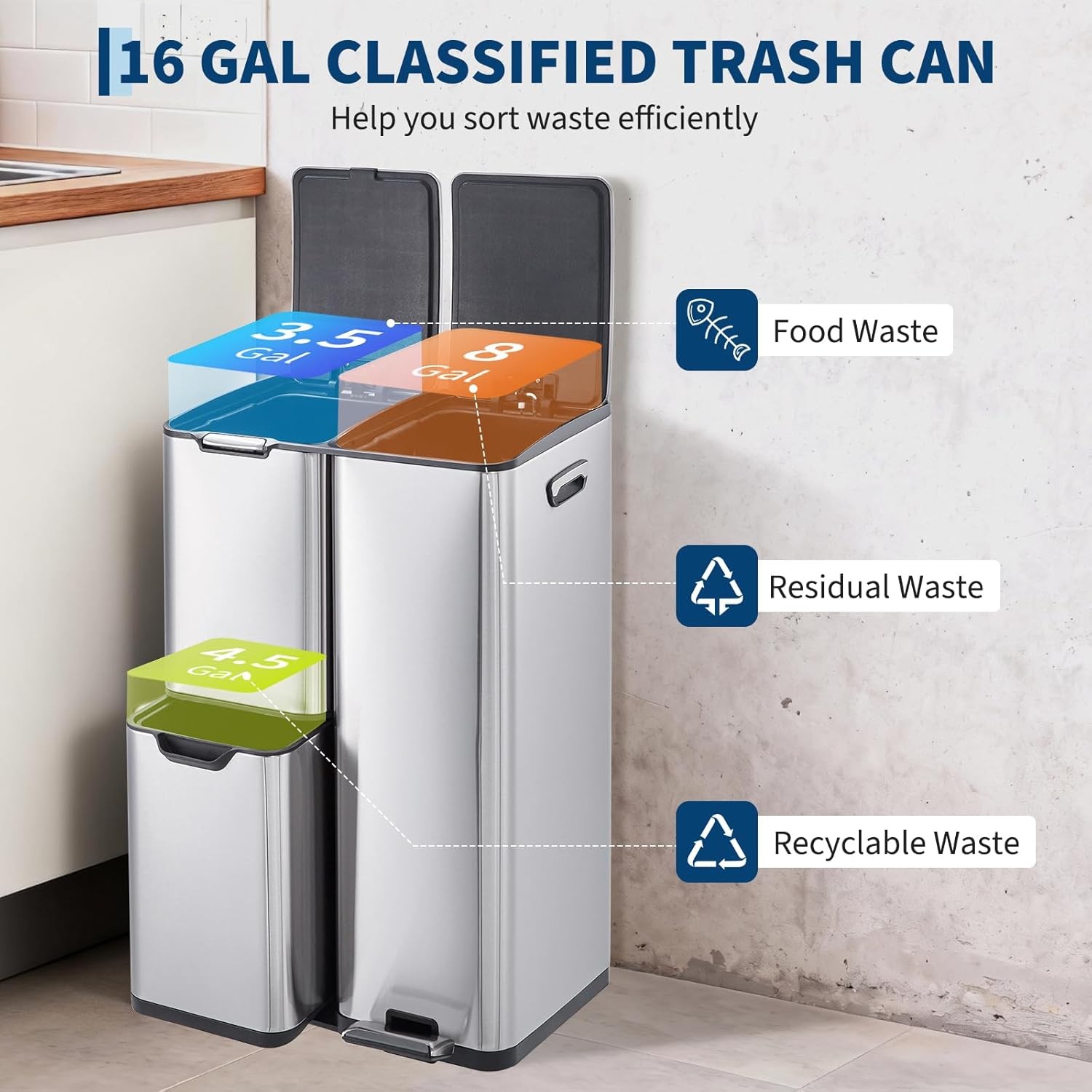16 Gal Kitchen Trash Can with Lid Triple Compartment Stainless Steel Garbage Can