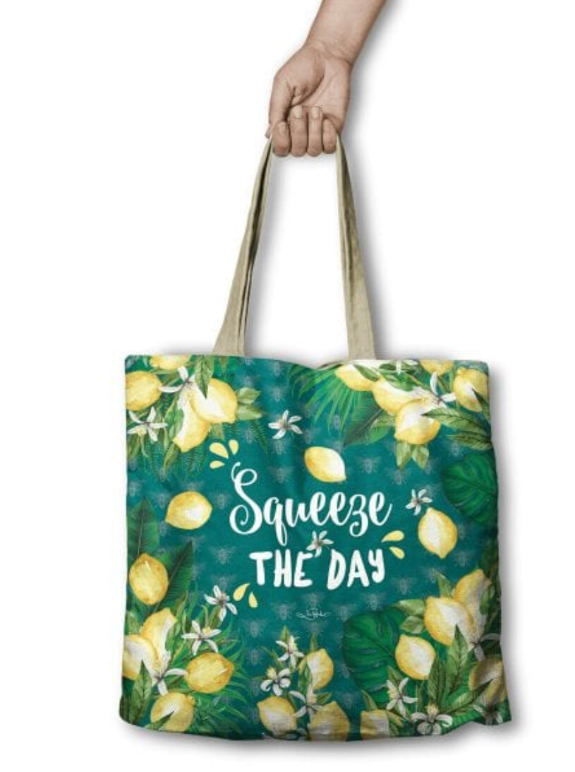 Re Use Poly Linen Shopping Bag Squeeze the Day lemons By Lisa Pollock