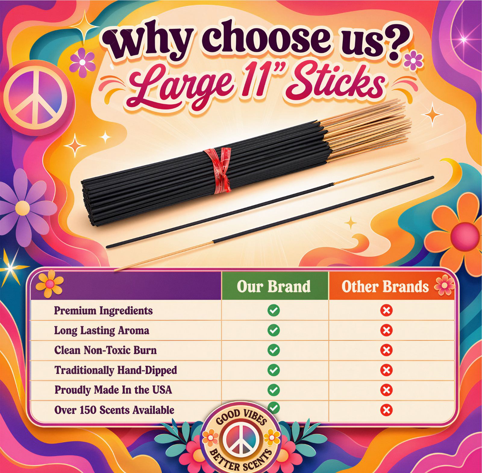 RED ROSE Incense Sticks 11″ Bulk Pack Wholesale Hand Dipped Lot