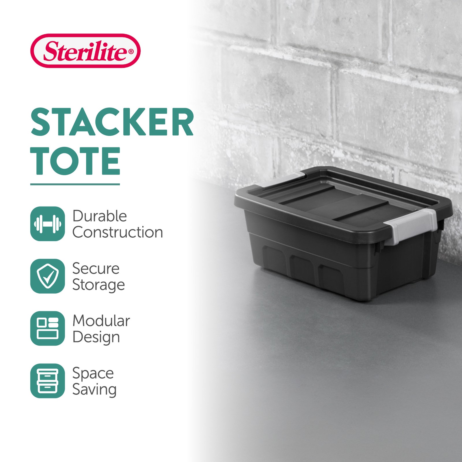 Sterilite 4 Gallon Industrial Storage Totes with Latch Clip Lids, Black (6 Pack)