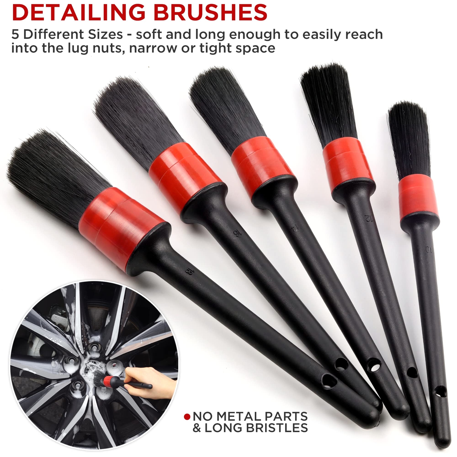 Wheel Tire Brush Set Car Detailing Kit 8pcs By 17″ Long Soft Bristle Wheel Brush