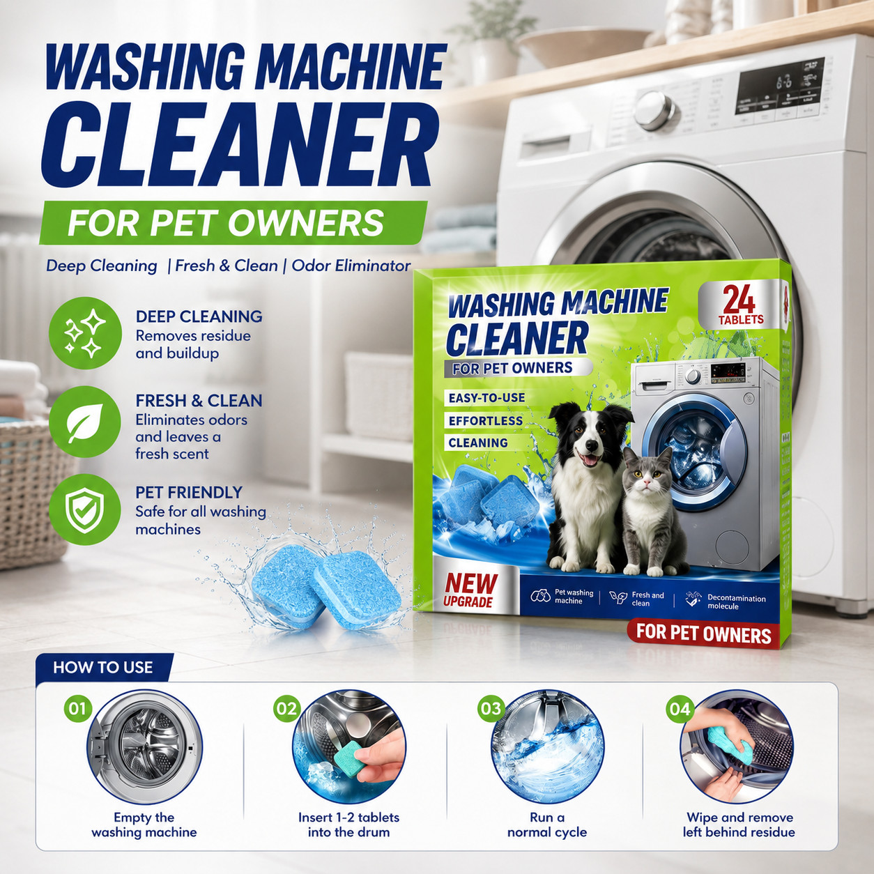 Washing Machine Cleaner Tablets for Pet Owners Deep Clean Odor Remover 24 Pack