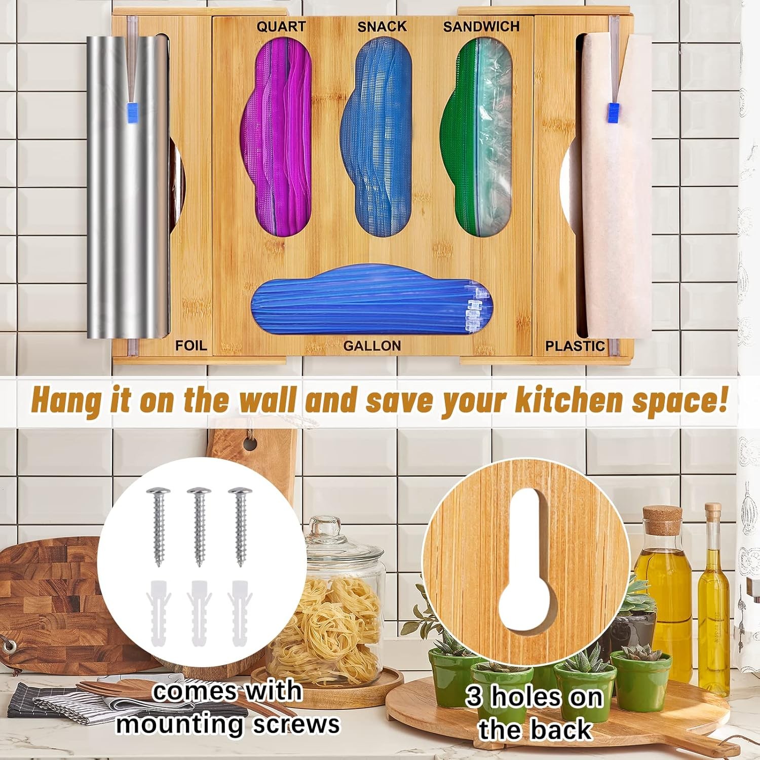 Bamboo Ziplock Bag Storage Organizer Foil and Plastic Wrap Dispenser with Cutter